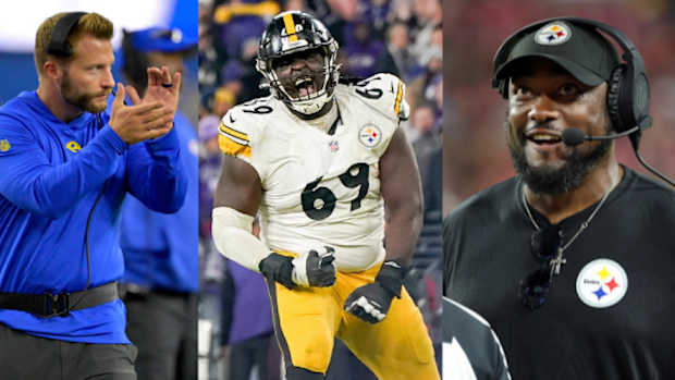 Los Angeles Rams coach Sean McVay, offensive guard Kevin Dotson and Pittsburgh Steelers coach Mike Tomlin.